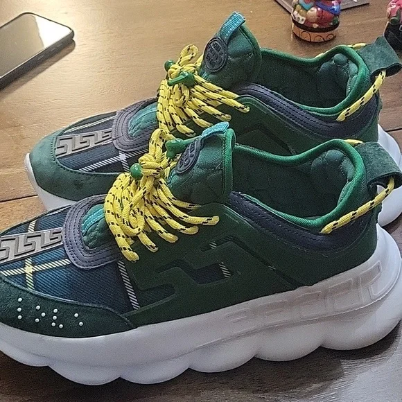 Versace Green Suede and Check Canvas Chain Reaction Sneakers Size 45 - Picture 4 of 4